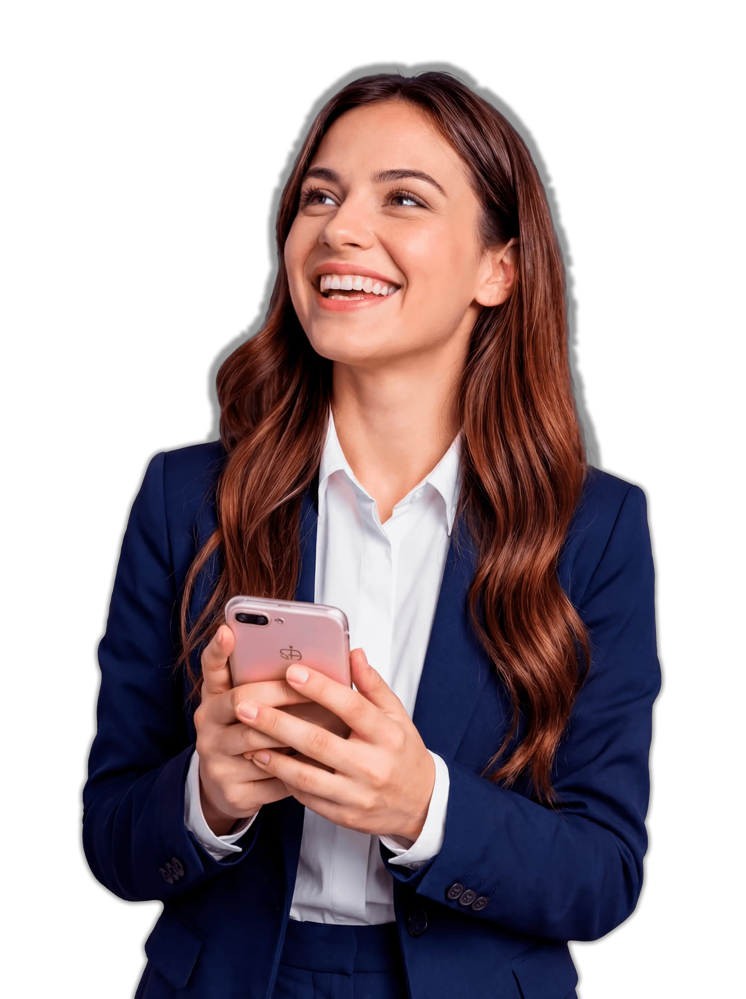 Happy woman in a green sweater holding a phone and looking up